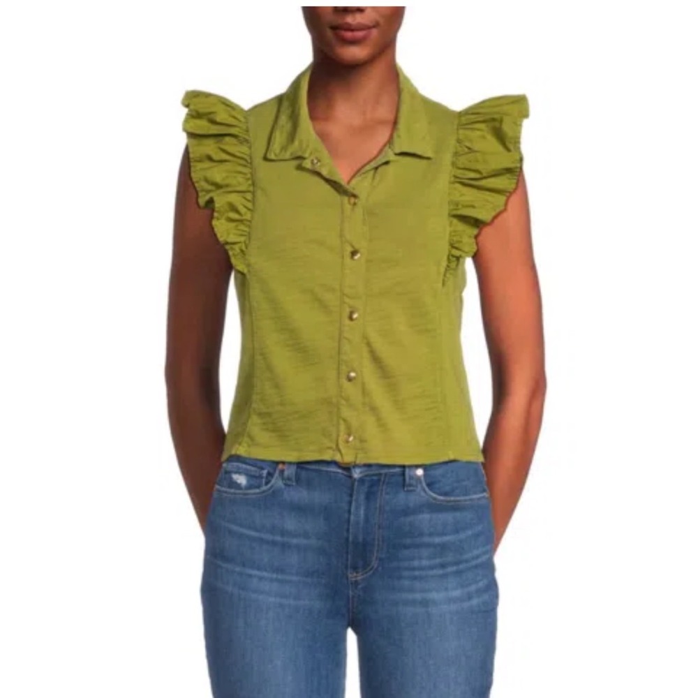 Nation LTD‎ Archer Ruffle Button Down Top Green Large